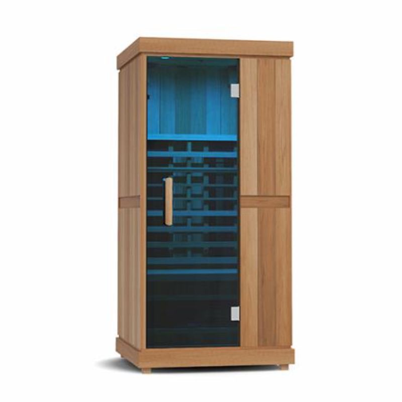 Finnmark Compact 1 Person Full-Spectrum Infrared Sauna - showing blue light on