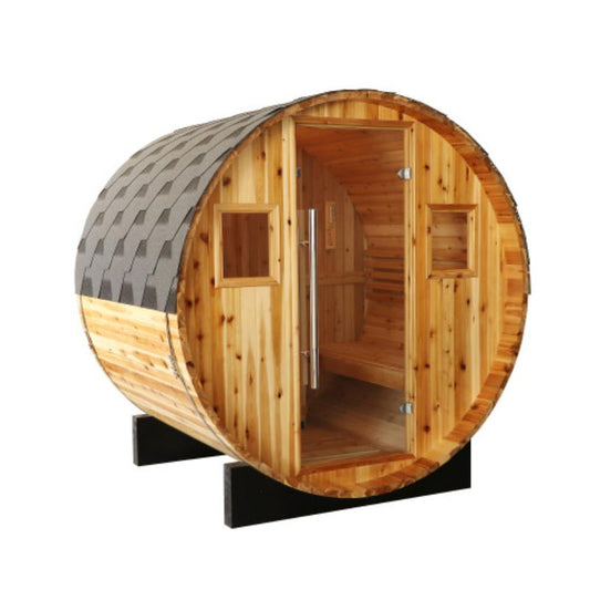 Aurora traditional barrel sauna - front angle view