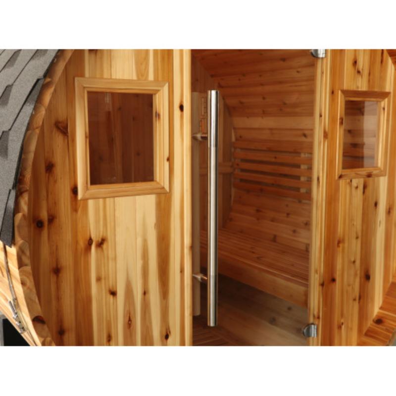 Aurora traditional barrel sauna - angled view of the front door and handle