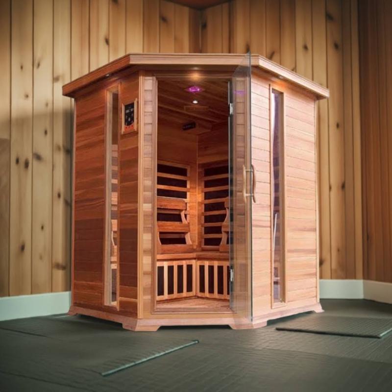 SunRay Bristol Bay HL400KC Corner 4 Person Infrared Sauna - in a home gym