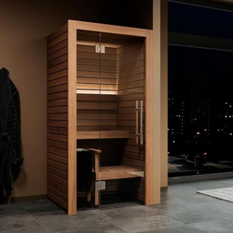 Auroom Cala 1 person Mini Home Sauna - at night with interior bench backlit