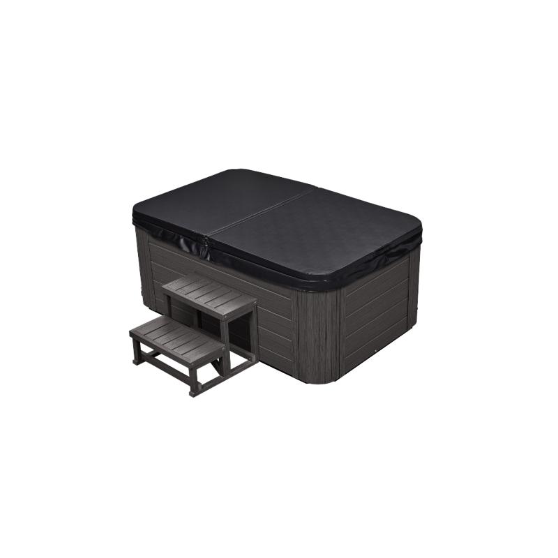 Cashmere 2 Person Hot Tub - full view of tub with black cover and two tier steps beside it.