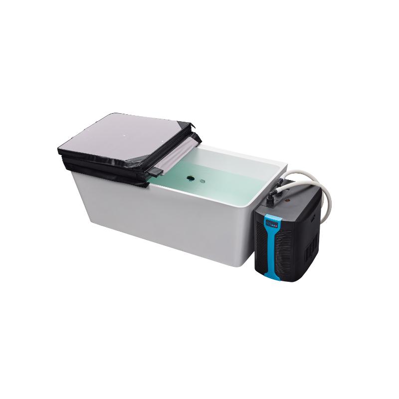 Cold Plunge Pro XL - showing the white tub with the cover folded over halfway and the black chiller on the right