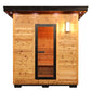 SunRay Denali HL400DS Outdoor Home Sauna - full front view, no background. Tempered glass door in the center has a black frame and handle. Exterior light illuminated to the top right of the door.