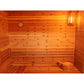 SunRay Denali HL400DS Outdoor Home Sauna - interior view of the bench with bucket and ladle to the bottom right, the interior light illuminated at the top right and the hygrometer on the wall to the top left.