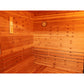 SunRay Denali HL400DS Outdoor Home Sauna - interior view of the corner where the side wall meets the back wall on the left. Hygrometer on the wall in the top center of the picture and the thermometer on the wall to the top left.