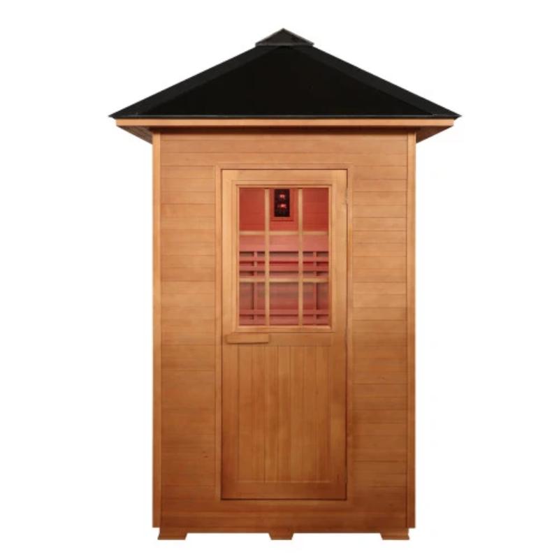 Sunray Eagle 200D1 Outdoor Traditional Steam Sauna -full front view of wood door with a window and the metal roof. No background.