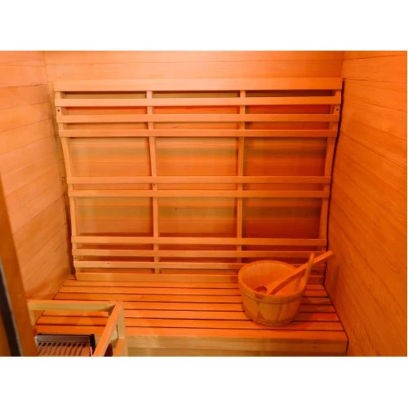 Sunray Eagle 200D1 Outdoor Traditional Steam Sauna - interior view of the bench with a bucket and ladle on it