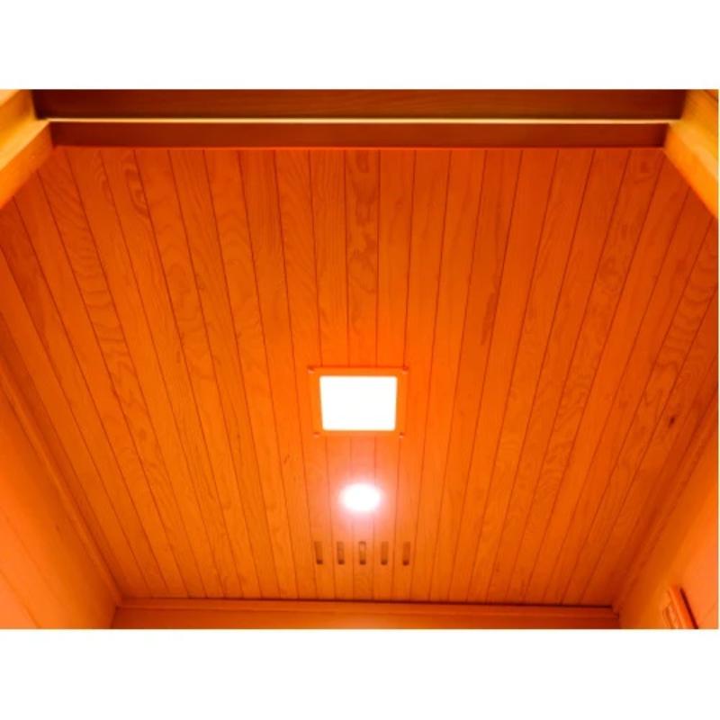 Sunray Eagle 200D1 Outdoor Traditional Steam Sauna - interior view of the wood ceiling and the ceiling light and roof vent