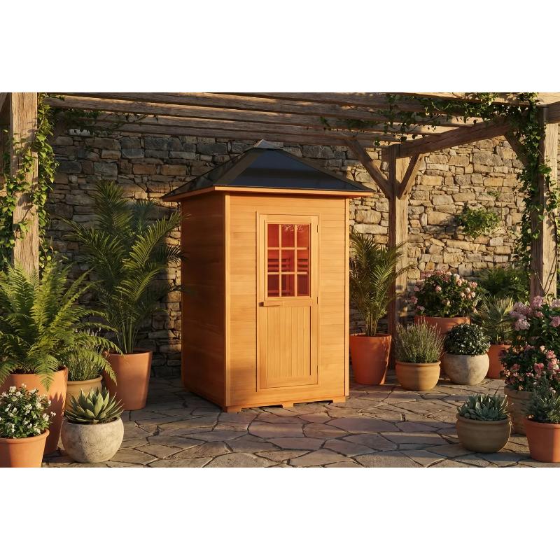 Sunray Eagle 200D1 Outdoor Traditional Steam Sauna - under a backyard pergola beside a stone wall and surrounded by plants