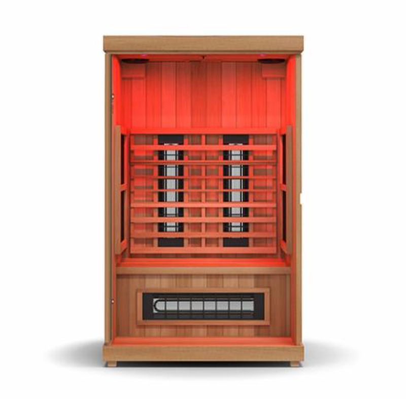 Finnmark Compact 2 Person Full-Spectrum Infrared Sauna - cut-away showing interior with red light