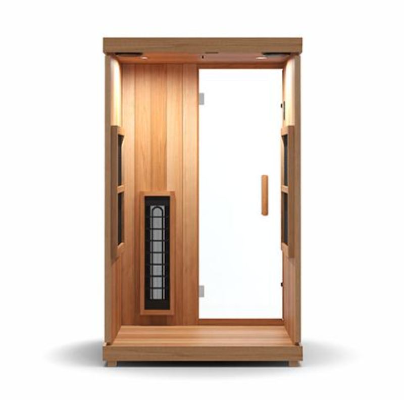 Finnmark Compact 2 Person Full-Spectrum Infrared Sauna - rear wall cut-away showing interior. Heater beside the door