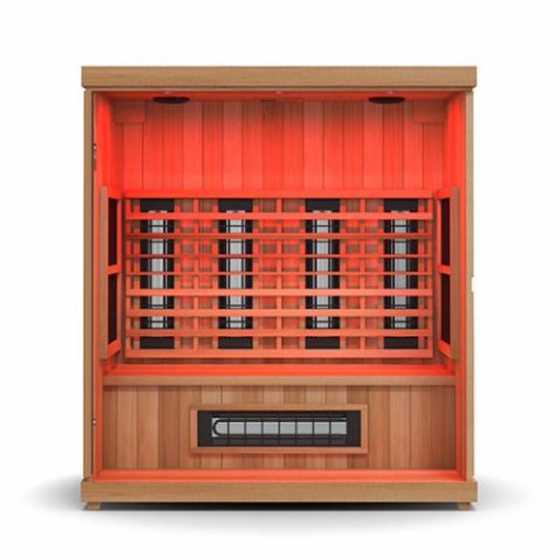 Finnmark 3-4 Person Full-Spectrum Infrared Sauna - cut-away showing interior with red light