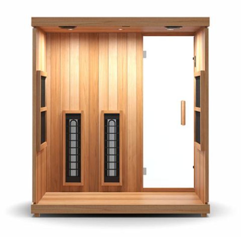 Finnmark 3-4 Person Full-Spectrum Infrared Sauna - back wall cut-away showing interior and 2 heaters beside the door.