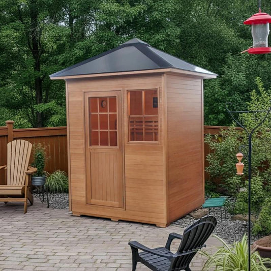 Sunray Freeport 300D1 Outdoor Traditional Steam Sauna - in a backyard on a stone patio with trees and chairs