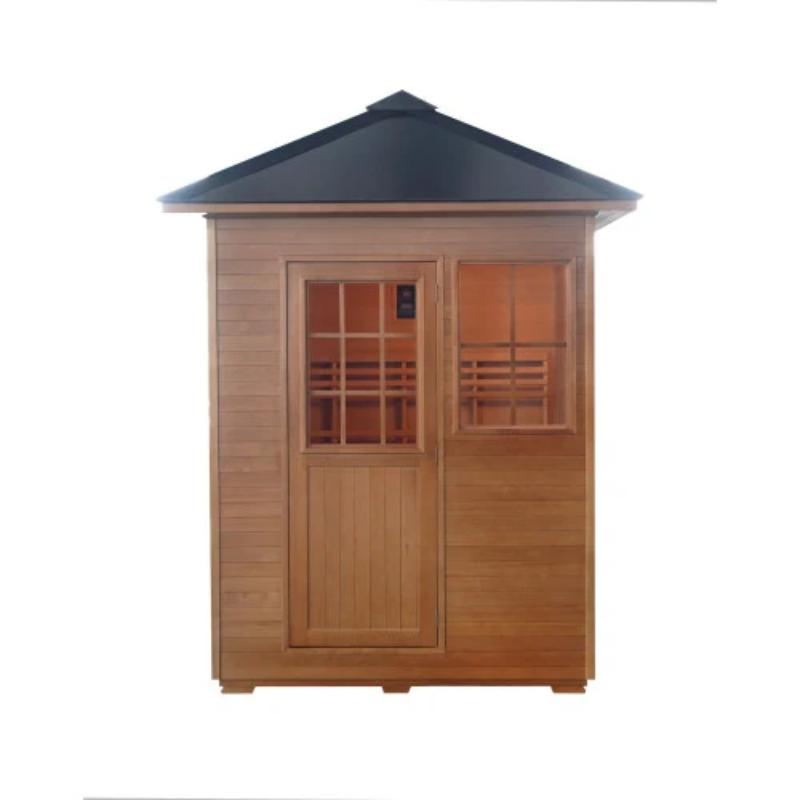 Sunray Freeport 300D1 Outdoor Traditional Steam Sauna - full front view and no background. Showing wood door with a glass window in it and a glass window beside the door.