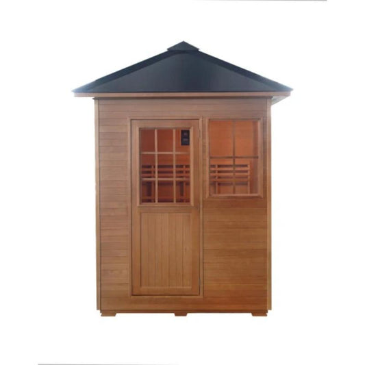 Sunray Freeport 300D1 Outdoor Traditional Steam Sauna - full front view and no background. Showing wood door with a glass window in it and a glass window beside the door.