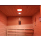 Sunray Freeport 300D1 Outdoor Traditional Steam Sauna - view of the interior wood ceiling and walls with the ceiling light at the top, control panel on the back wall and the sand timer and hygrometer on the wall to the right.
