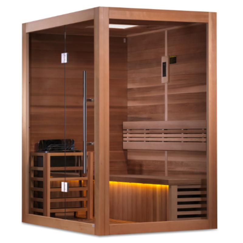 Golden Designs Hanko Edition Traditional Sauna - angled view with under bench lighting