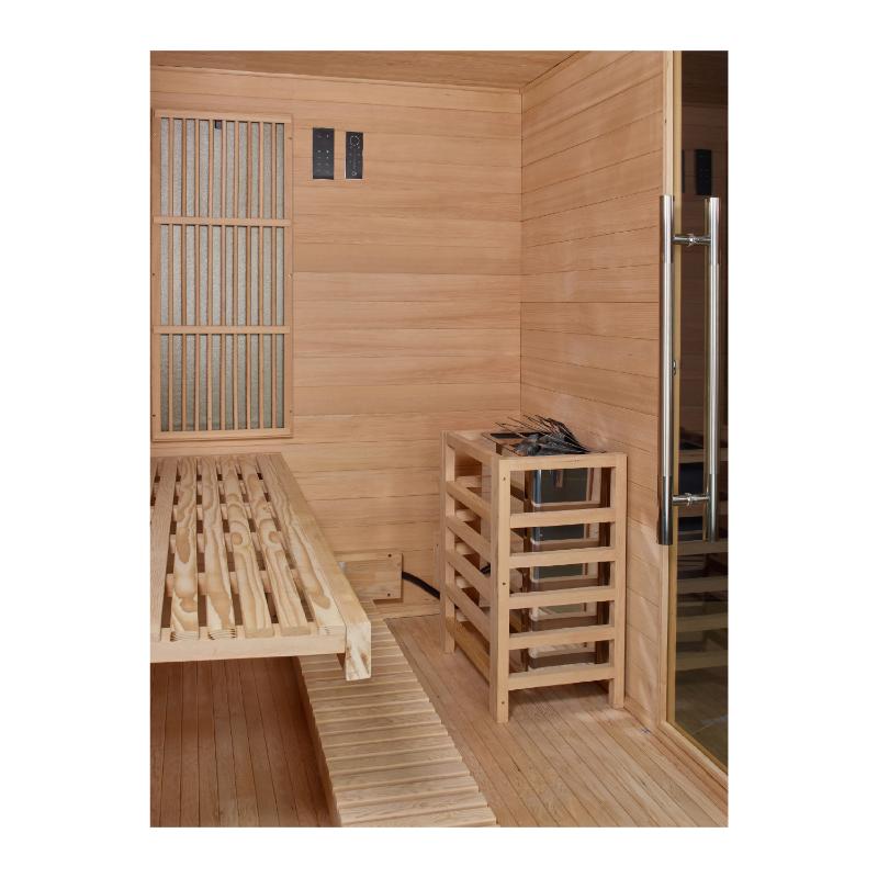 Soria Hybrid Sauna GDI-8330-01 - interior view of sauna bench and heater