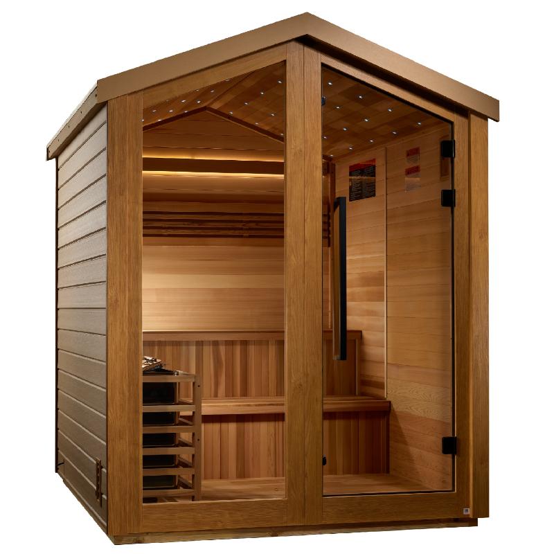 Kaarina Outdoor Steam Sauna GDI-8506-01 -angled front view showing soft lighting inside