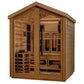 Loviisa Outdoor Hybrid Sauna GDI-8523-01 - angled front view showing infrared heat emitters and electric sauna heater through the glass front wall and door