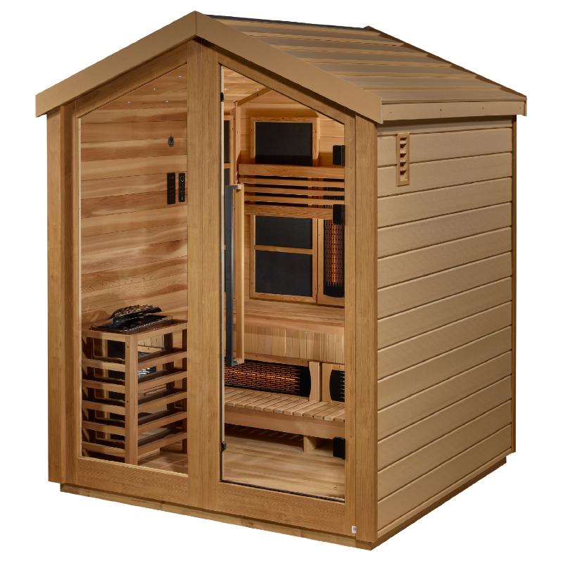 Loviisa Outdoor Hybrid Sauna GDI-8523-01 - angled front view of sauna heater visible through the glass wall