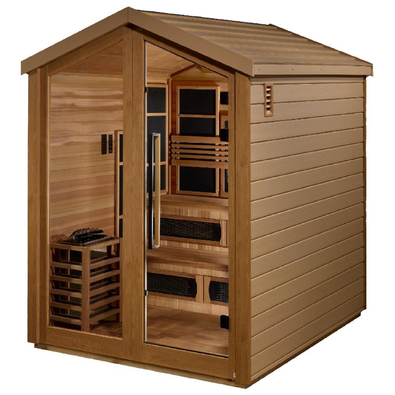 Kaskinen Outdoor Hybrid Sauna GDI-8523-01 - view of sauna heater and benches through glass door and wall