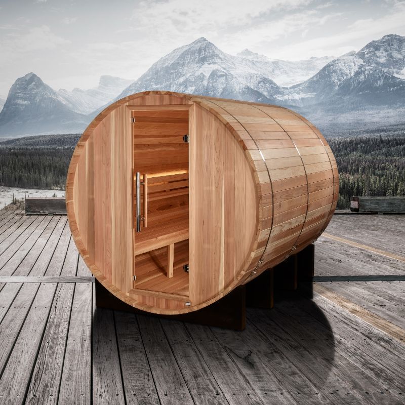 Golden Designs - Klosters Barrel Sauna GDI-B006-01 -  in front of mountains