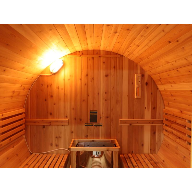 Galley barrel sauna - interior with light on