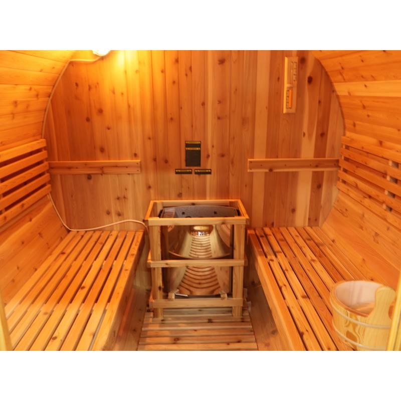 Galley barrel sauna - view of heater between benches