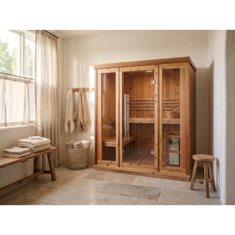 Hampton 300TN Traditional 3 person Sauna in a sunlit room with marble floor