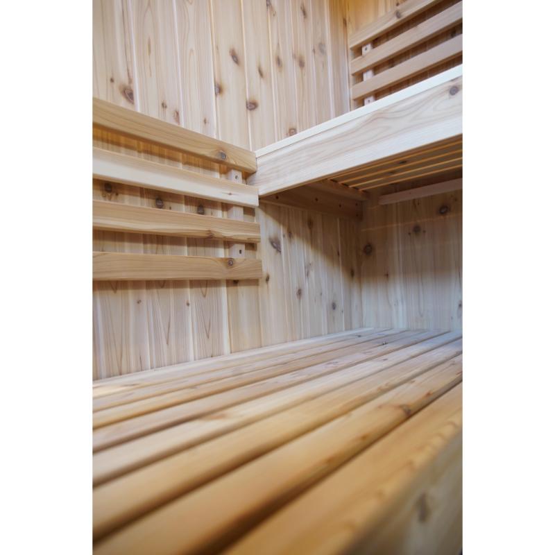 Hampton 300TN Traditional 3 person Sauna - close up view of wood details on bench and wall