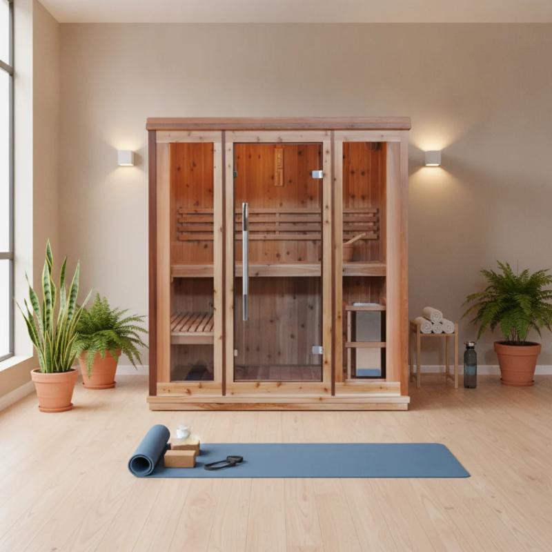 Hampton 300TN Traditional 3 person Sauna in a room with a large window on the left and a yoga mat in front