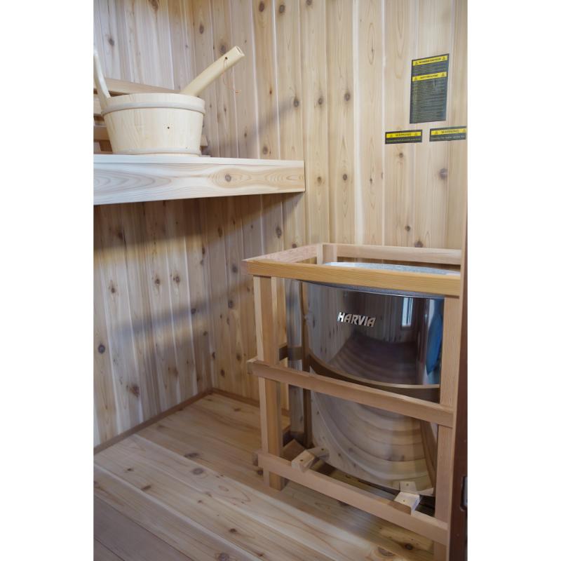 Hampton 300TN Traditional 3 person Sauna Harvia 6kw stove and bench with water bucket on it