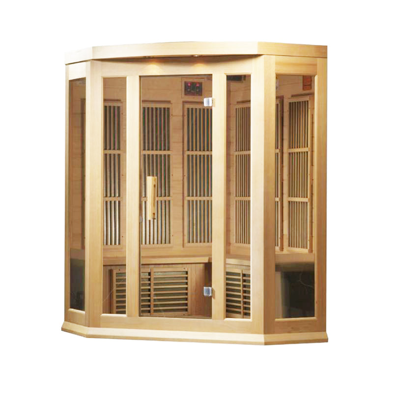 Maxxus MX-K356-01 | 3 Person Corner Low EMF FAR Indoor Infrared Sauna - angled front view showing the heat emitters along both inside walls and the front wall of tempered glass windows and the door. Door is hinged on the right.