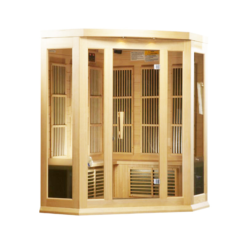 Maxxus MX-K356-01 | 3 Person Corner Low EMF FAR Indoor Infrared Sauna - full front angled view showing the heat emitters on both interior walls through the tempered glass windows and door on the front wall.