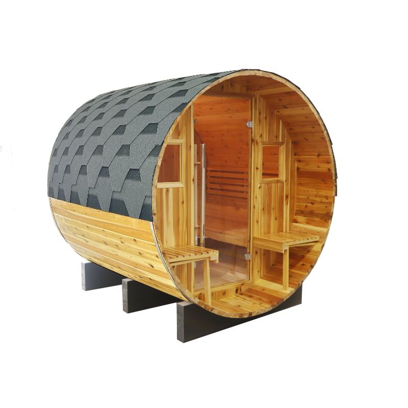 Oasis barrel sauna - angled front view