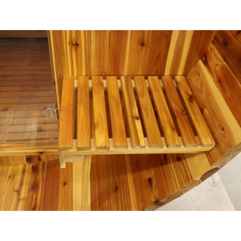 Oasis barrel sauna - exterior bench closeup