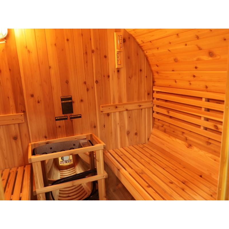 Oasis barrel sauna - view of interior right with sand timer