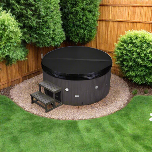 Oscar 6 Person Hot Tub - full view, round hot tub in backyard