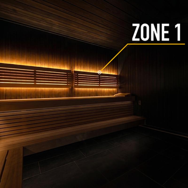 Single zone lighting kit - dark image of sauna interior with bench backlighting and text that says Zone 1