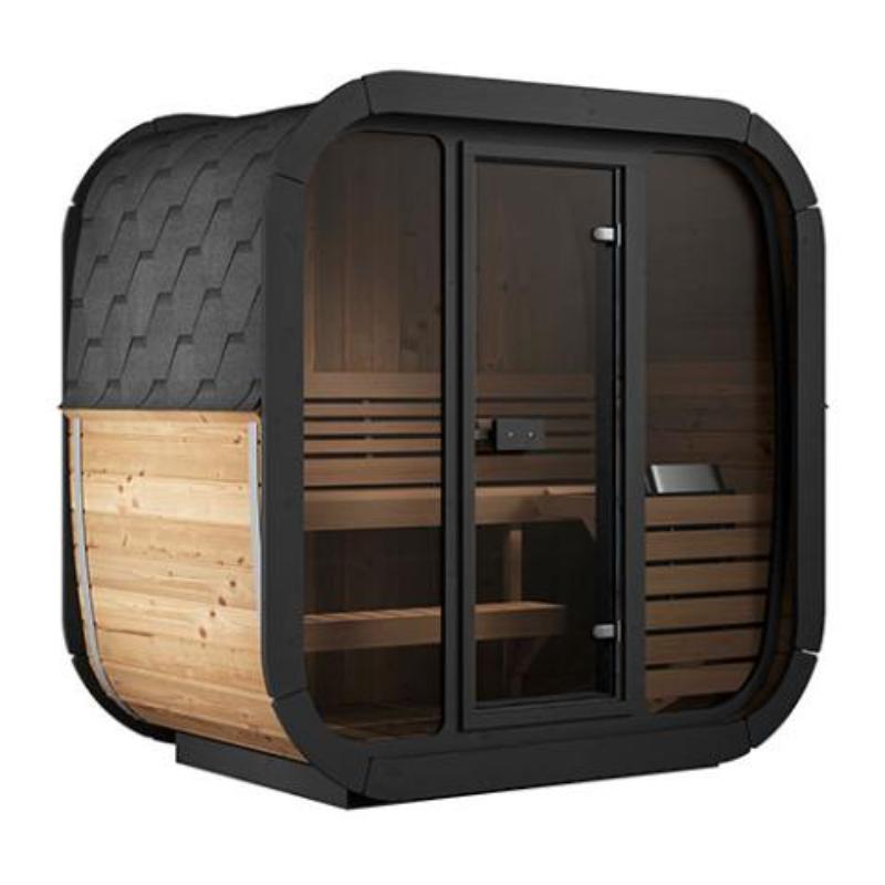 Sauna Life  CL4G Home Cube Sauna - full angled view with no background. Showing the shingled roof, benches inside and glass front.