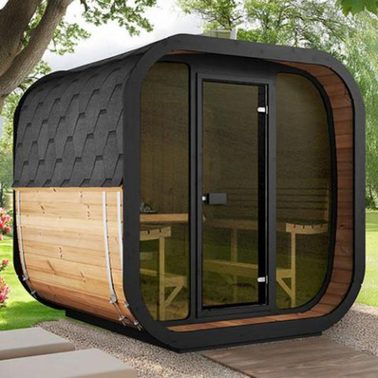 Sauna Life CL7G Home Cube Sauna - full angled view on a gravel foundation under a tree.