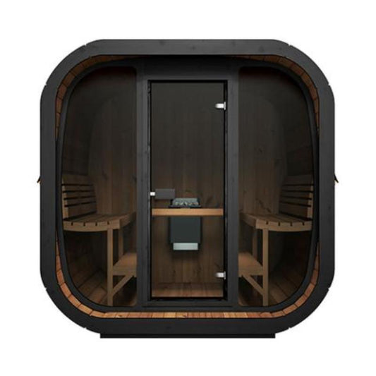 Sauna Life CL7G Home Cube Sauna - full front view, no background. Showing the glass wall and door and view of side benches.