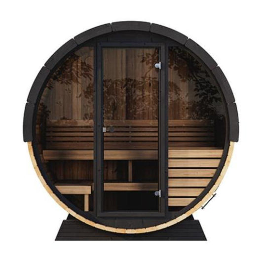 SaunaLife Ergo Barrel Sauna Model EE6G - front view of glass front wall and door