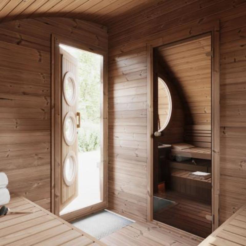 Sauna Life G11 Dome Outdoor Home Sauna - interior view from the change room side to the sauna side and the exterior door ajar