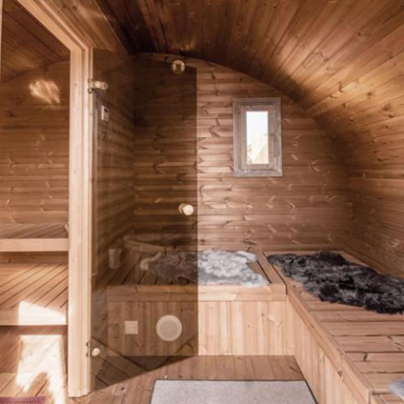 Sauna Life G11 Dome Outdoor Home Sauna - interior view of the changeroom with the sauna side glass door open