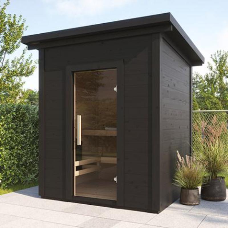 Sauna Life Cube Sauna G2 - dark stain, on a patio