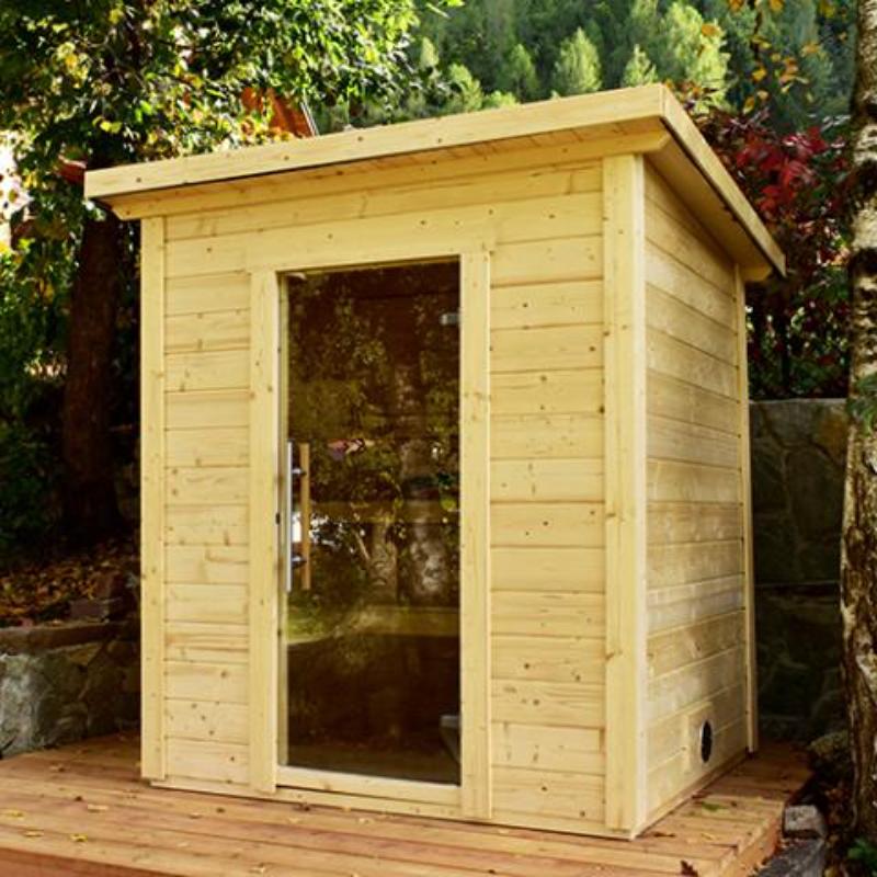 Sauna Life Cube Sauna G2 - natural stain, on a wooden deck